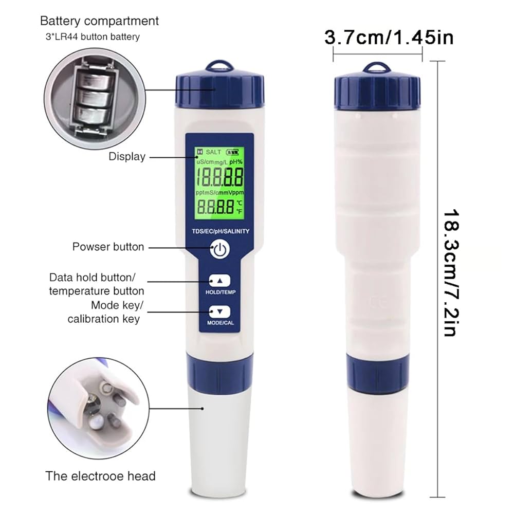 5 in 1 pH/EC/TD温度測定器 デジタルPH計 塩分濃度計 水質検査 Amazon | 7in1水質テスター 水質測定器 PH/EC/TDS/塩分/S.G/ORP